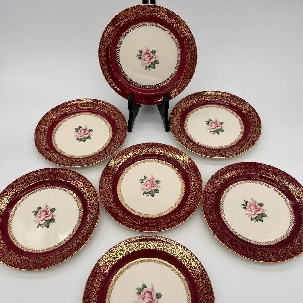 Homer Laughlin Lady Stratford Dessert Plates Set of 7 Maroon Gold Rose 7 1/8